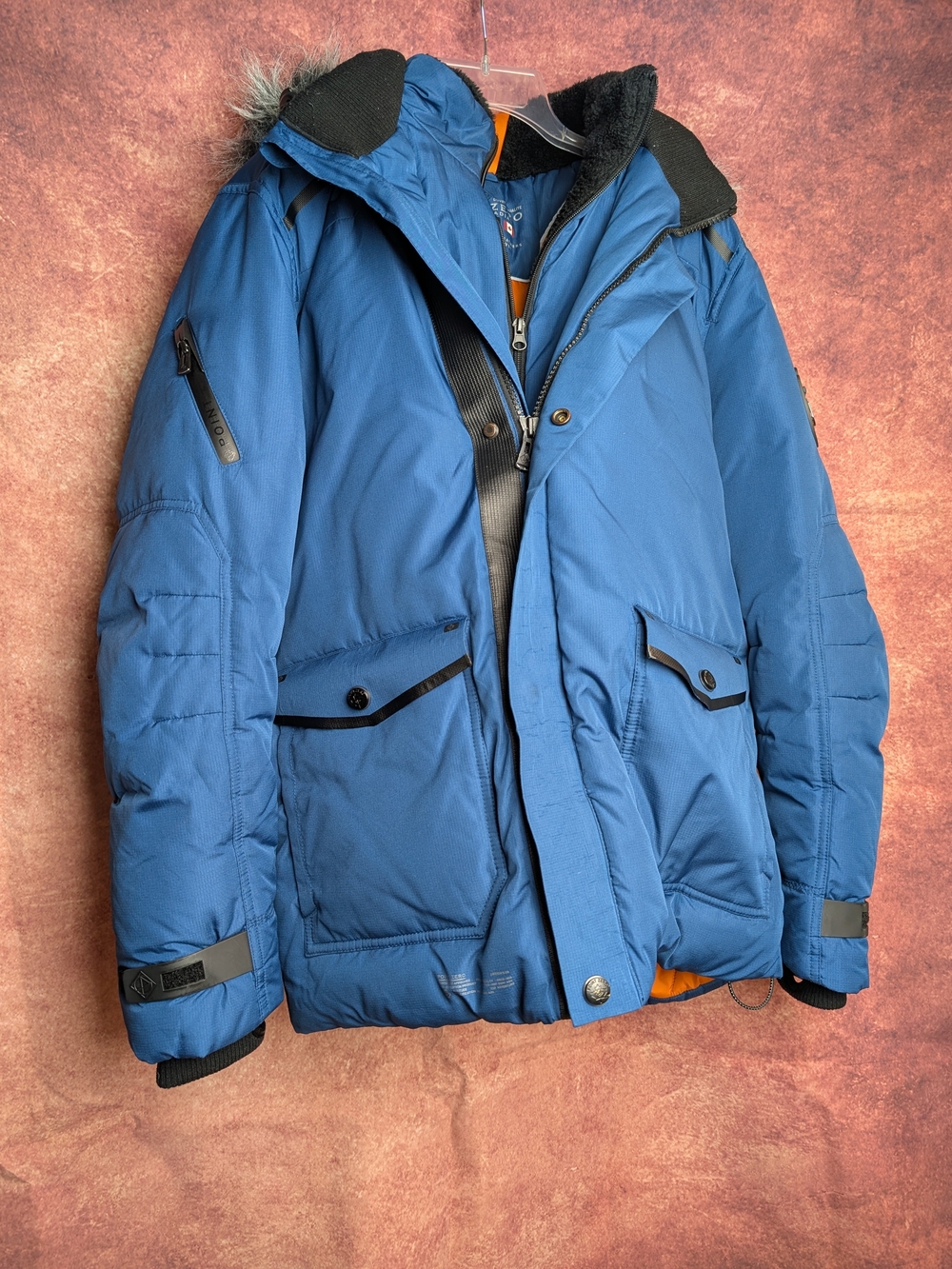 Point Zero Men’s M Blue Premium Down Expedition Parka Faux Fur Hood